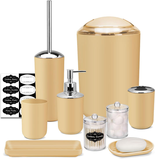 IMAVO Bathroom Accessories Set,Yellow Bathroom Set,9 Pieces Bathroom Accessory Set,Tray,Qtip Holders,Toilet Brush,Trash Can for Bathroom Décor and Home Gifts