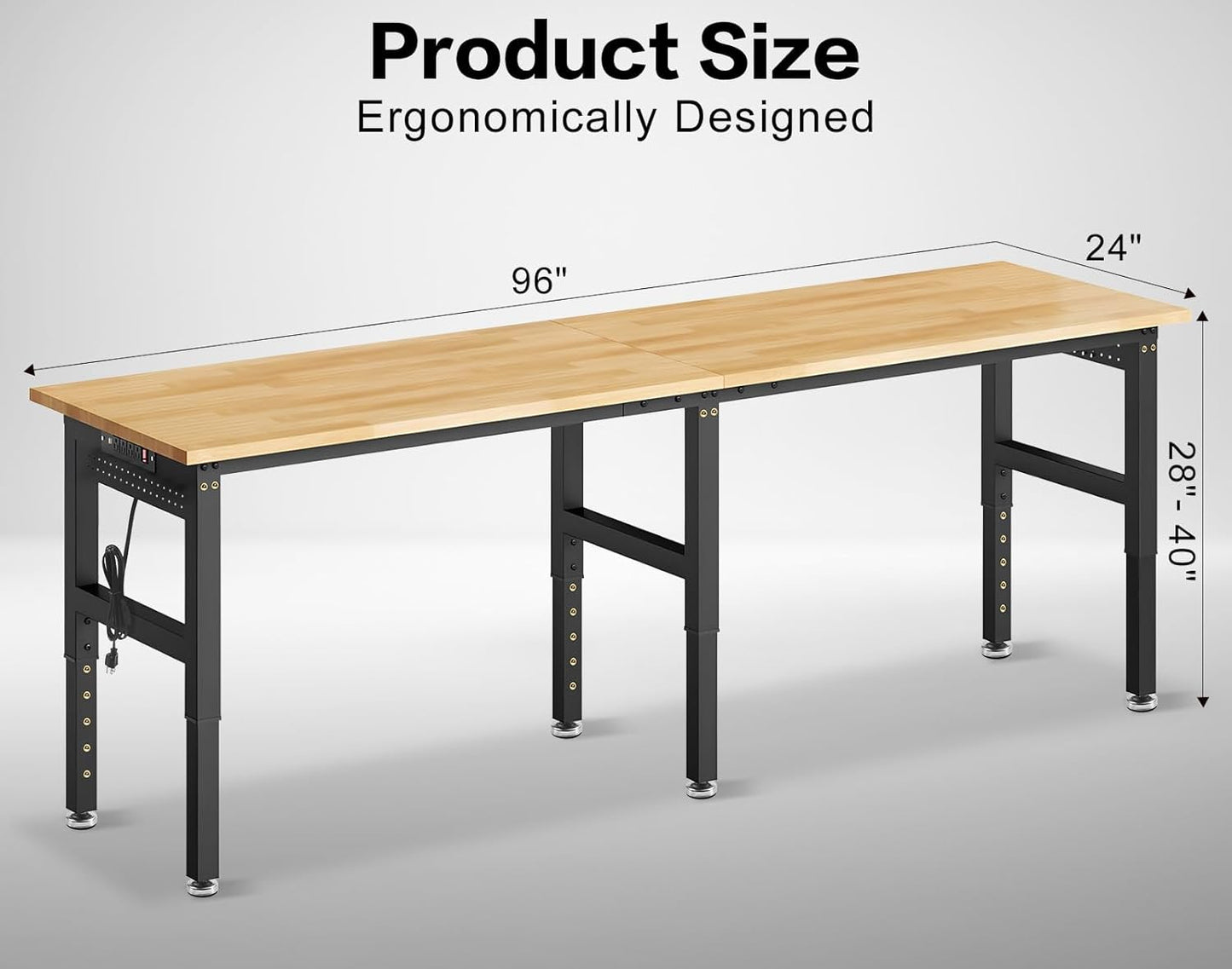 96” Heavy Duty Workbench, 5000 LBS Capacity Adjustable Work Bench with Pegboard and Power Outlet, Rubber Wood Work Table for Garage, Office, Workshop, Home