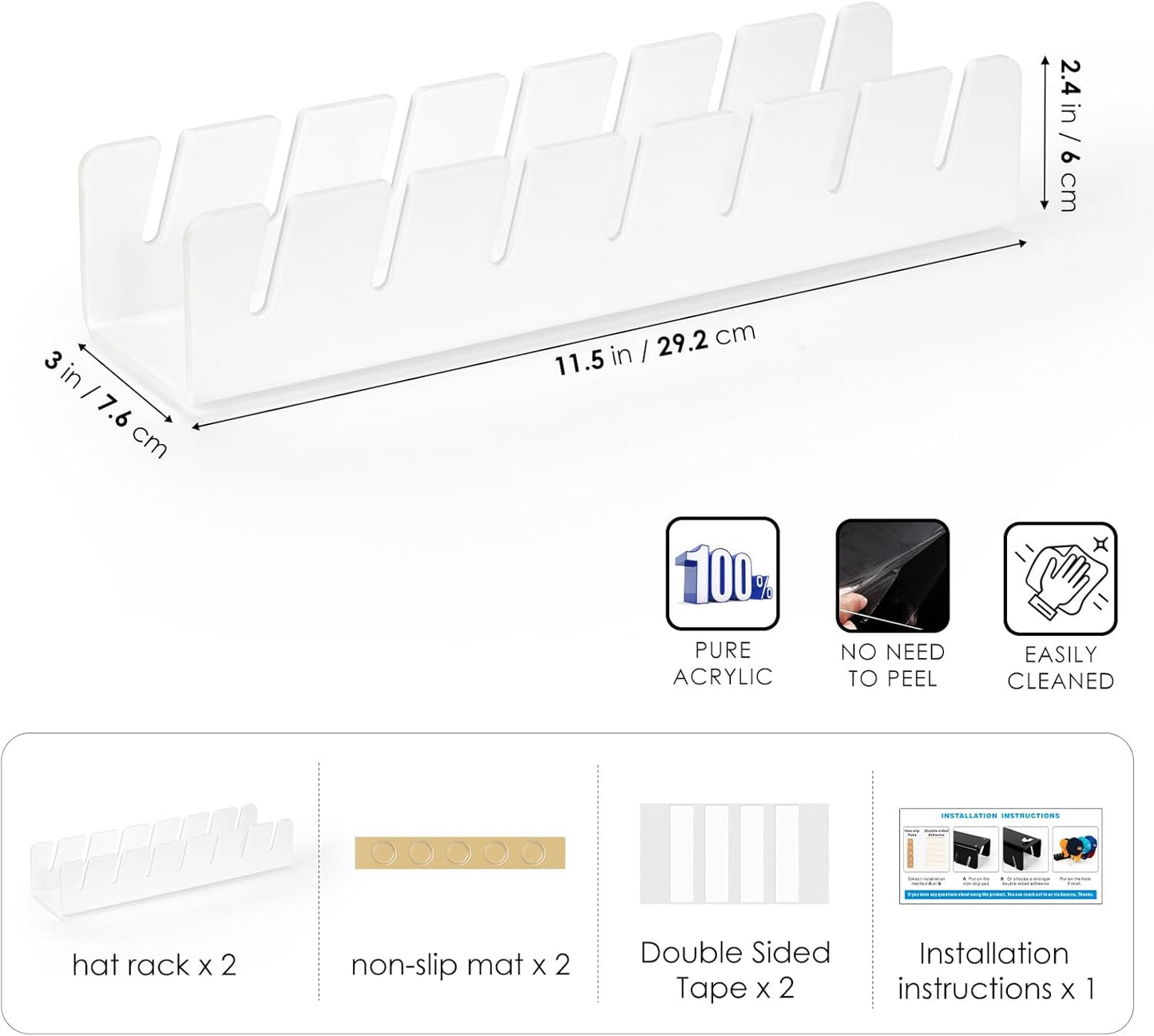 HAYVAN Hat Organizer for Baseball Caps 2024 New 2 PCS, No Install Acrylic Hat Holder for 14 Baseball Caps for Bedroom, Closet, Dresser (White)