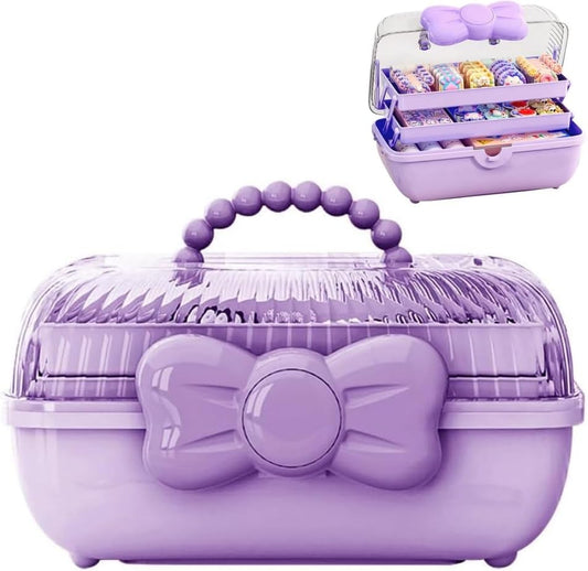 Bow Knot Hair Accessories Organizer Box Cute Dust Proof Childrens Jewelry Storage Box 3 Layers Plastic Storage Box for Hair Clips,Headbands,Hair Bands,Jewelry,Etc