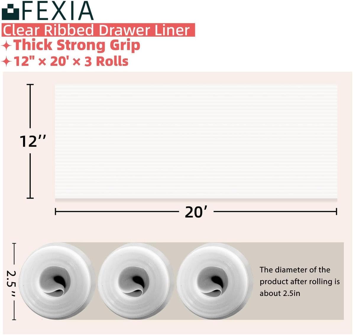 FEXIA 3 Rolls Shelf Liners for Kitchen Cabinets Non-Slip Drawer Liner 12 Inches x 20 FT Waterproof & Oil-Proof Non Adhesive Durable Material Fridge Liner for Shelves