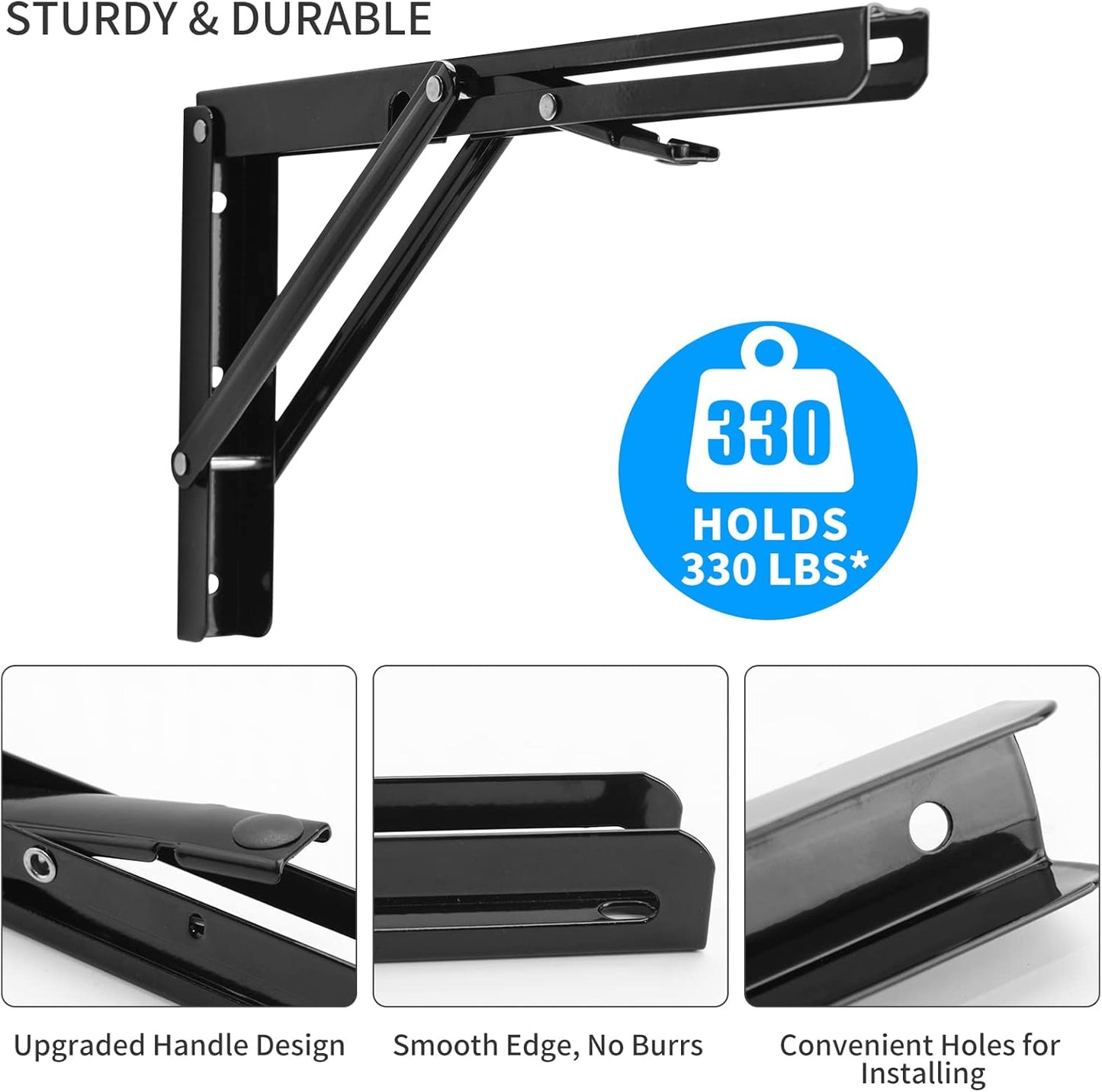 YUMORE Folding Shelf Brackets, 14 Inch Heavy Duty Collapsible Shelf Bracket, Black DIY L Bracket for Workbench Folding Table Hinge, Max Load: 330lb, 2 Pack