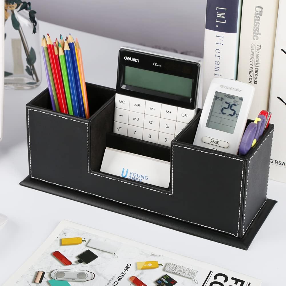 KINGFOM Office Supplies Desk Organizer PU Leather Storage Box 4 Divided Compartments for Pen Business Card Remote Control Mobile Phone Cosmetics Collection Holder (Black)