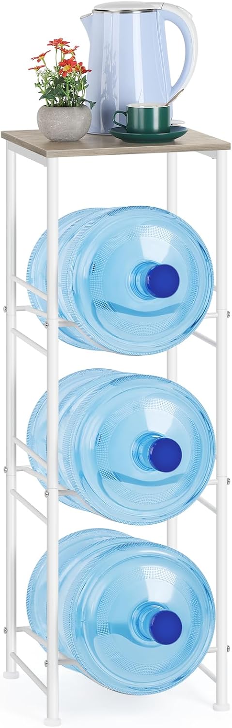 OYEAL Water Bottle Storage Holder 5 Gallon Drink Dispenser Stand with Table 3-Tier Heavy Duty Water Cooler Jug Rack Water Bottle Organizer for Kitchen, Office, Living Room, Rustic Grey