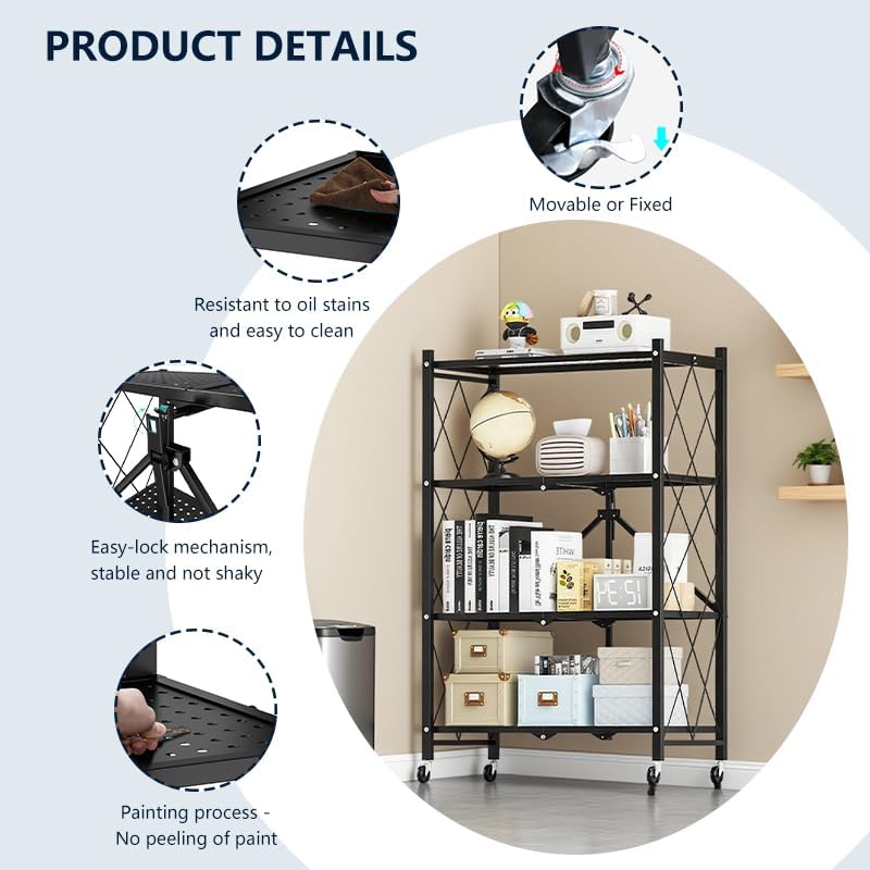 Foldable 4-Tier Metal Storage Shelf with Locking Wheels, Pre-Assembled Rolling Rack for Easy Setup, Space-Saving Organizer for Kitchen, Pantry, and Closet, 28.54" L x 14.17" W x 46.06" H