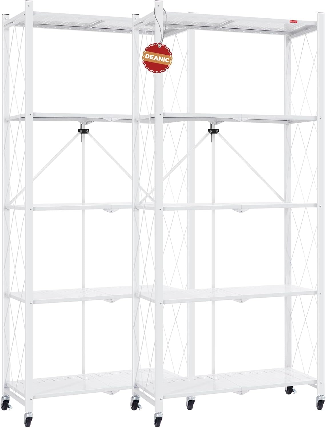 DEANIC 5 Tier Foldable Storage Shelves with Wheels, Large Capacity Shelving Unit, Freestanding Metal Wire Shelf Rack, No Assembly Organizer Rack for Garage Kitchen, Basement, Pantry(White Pack of 2)