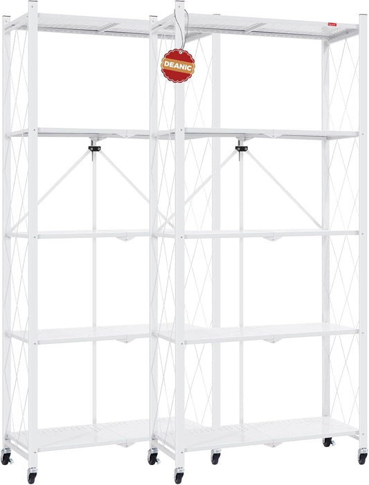DEANIC 5 Tier Foldable Storage Shelves with Wheels, Large Capacity Shelving Unit, Freestanding Metal Wire Shelf Rack, No Assembly Organizer Rack for Garage Kitchen, Basement, Pantry(White Pack of 2)