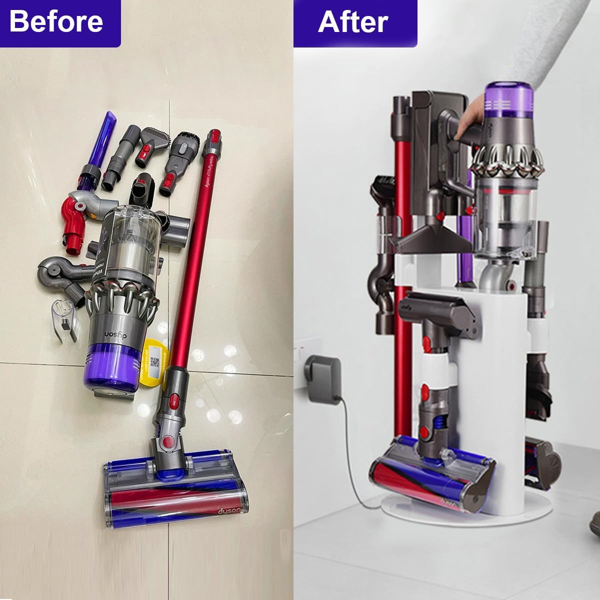 Vacuum Stand Holder for Dyson V15 V11 V10 V8 V7 V6 Cleaner, Stable Metal Storage Rack, Drill-Free Organizer Bracket Compatible with Dyson Cordless Vacuum Cleaner and Its Tools, White