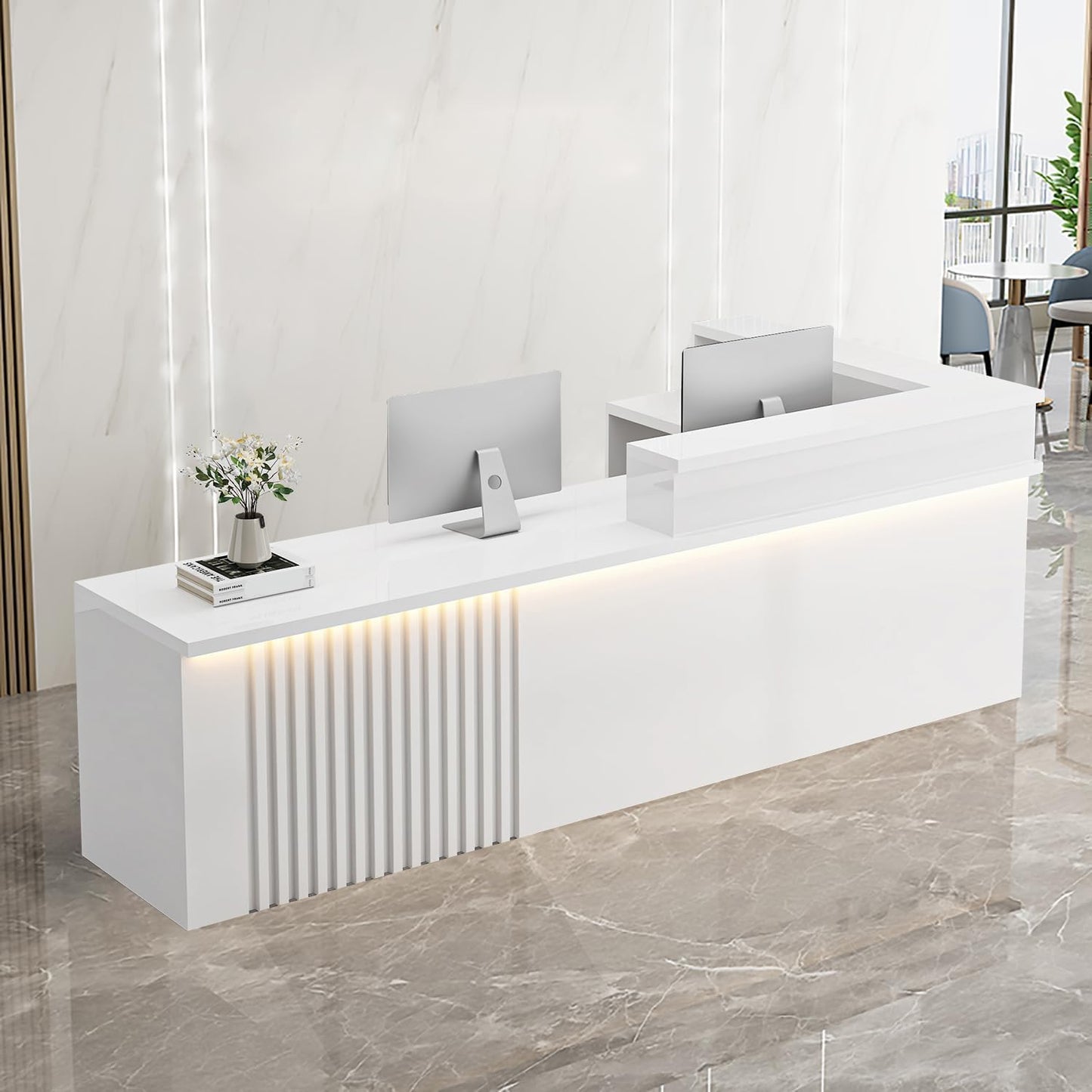 Receptionist Desk with LED Light，Wooden Salon Checkout Counter with Storage Drawer & Keyboard Tray Modern L-Shaped Reception Desk for Barbershop Office Company Store