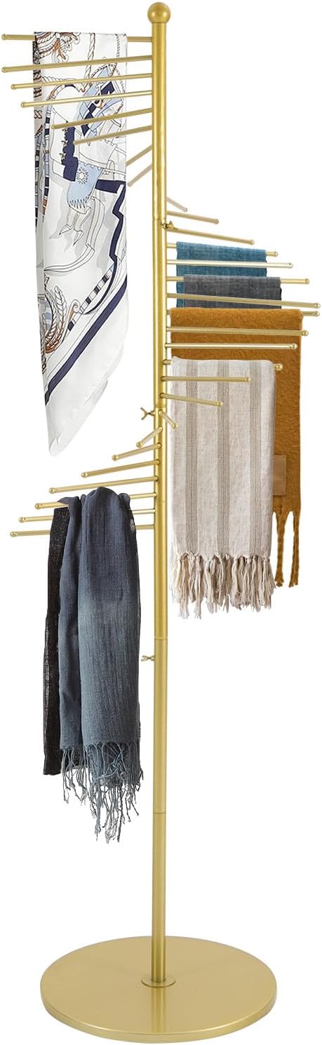 Scarf Organizer, Hijab Organizer, 30 Tiers Metal Scarf Hanger for Multiple Scarves, 67" Height Floor-standing Hijab Stand Belt Pants Hanger for Home, Commercial, Clothing Store (Gold)