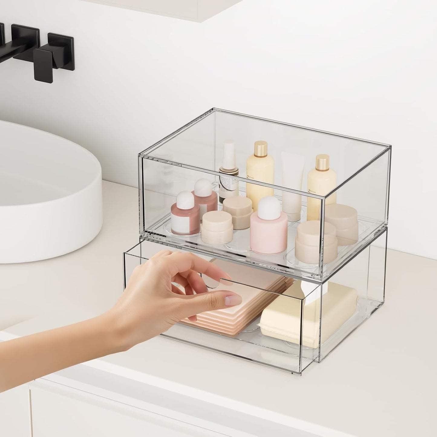 Clear Stackable Storage Drawers, 2 Pack Acrylic Makeup Organizers for Beauty Supplies, Plastic Storage Bins for Bathroom Vanity Countertop, Cabinet, Pantry, Kitchen Undersink, Desk Organization