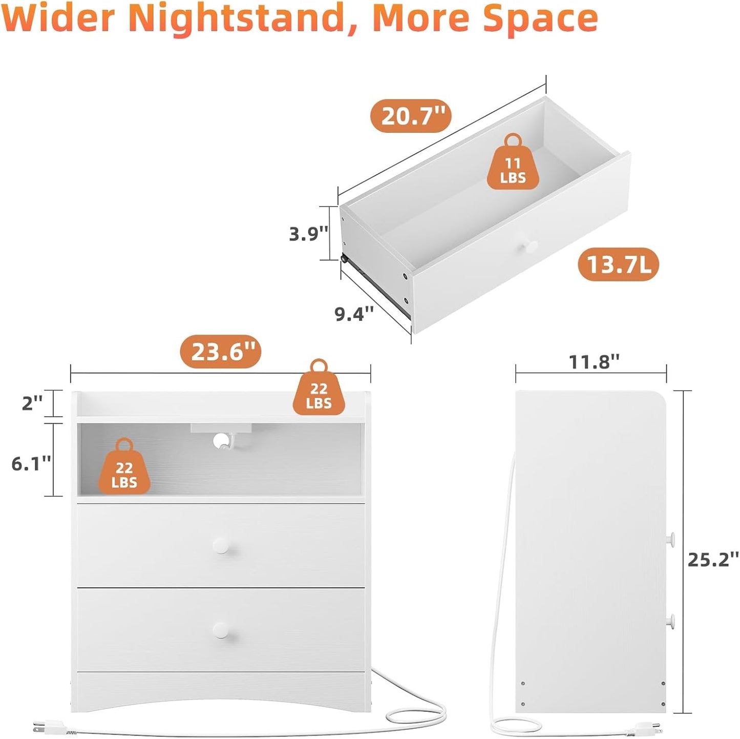 2 Pack Nightstand with Charging Station and LED Light, Modern Nightstand with USB Ports and Outlets, Wood Bedside Table with 2 Storage Drawers, Small Dresser for Bedroom Small Space, White