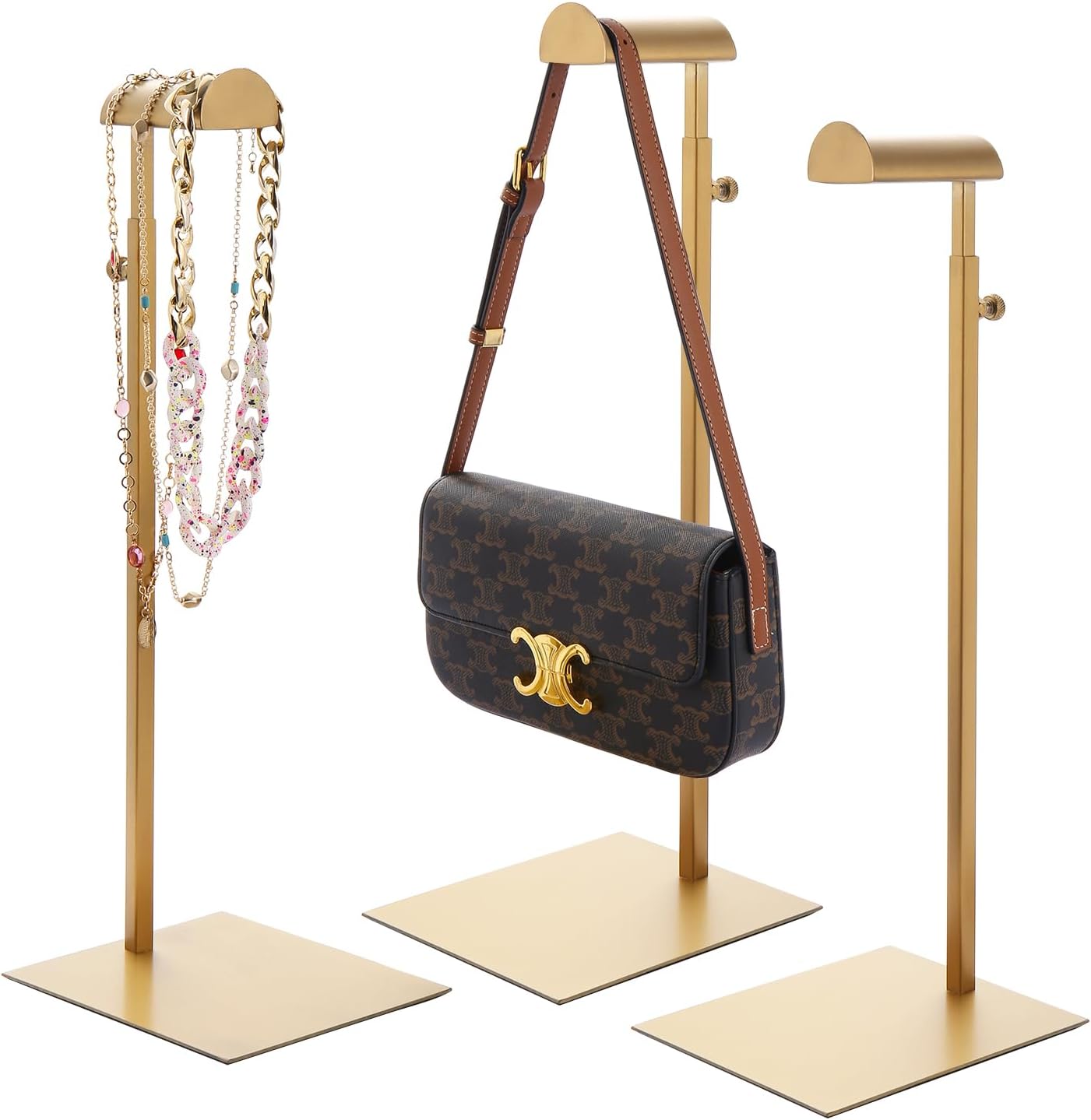 Gold Purse Display Stand, 3 Pack Heavy Duty Stainless Steel Handbag Stand, Adjustable High Bag Hanger Stand Bag Display Rack for Closet, Retail Display Stand Hanging Luxury Purses (RCS 50% Recycled Post-consumer Metal)