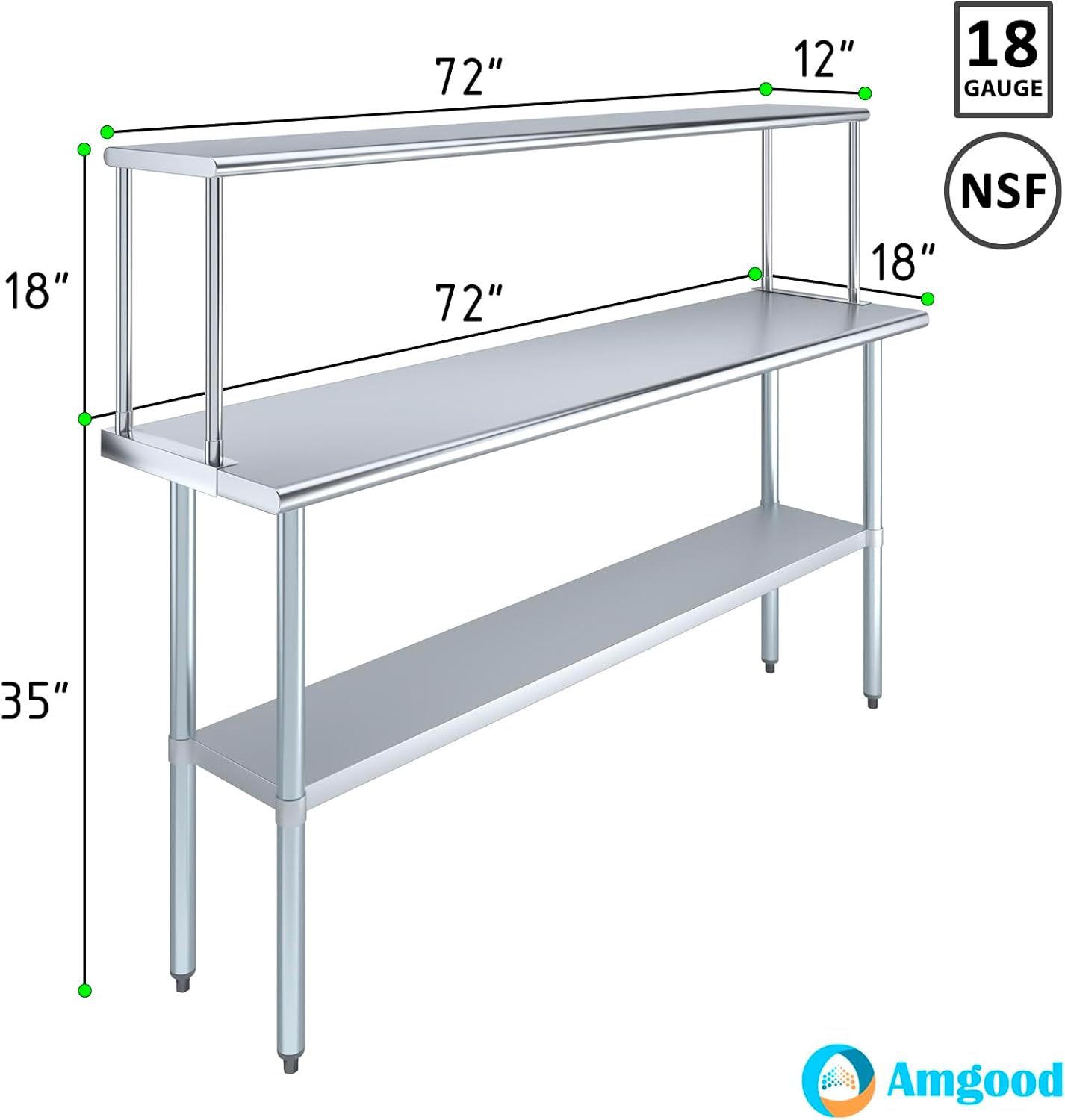 Stainless Steel Work Table with Wide Single Tier Overshelf | Metal Kitchen Prep Table & Shelving Combo (18" x 72" Work Table + 12" Overshelf)