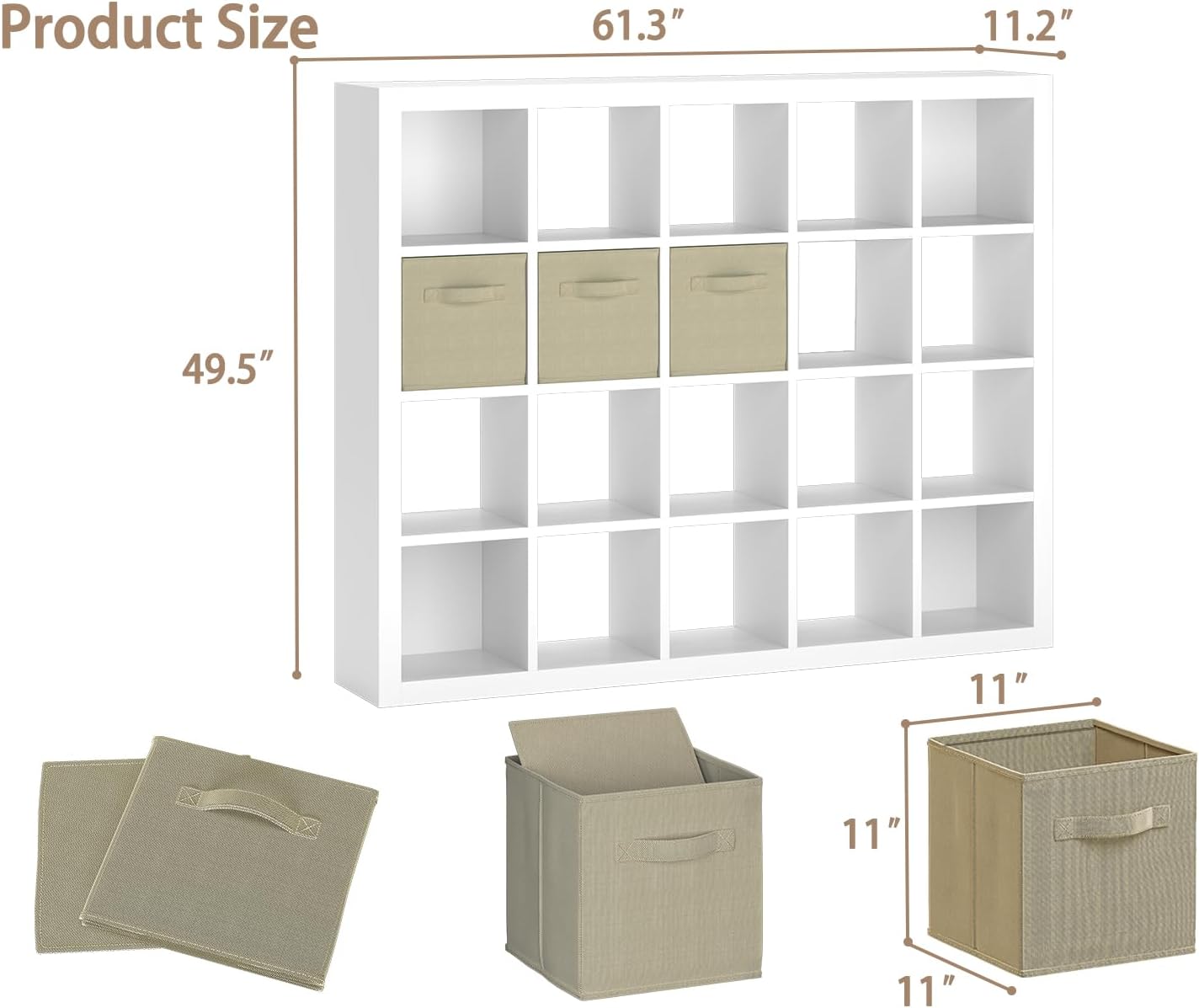 Sturdy Wooden Bookshelf with Storage Bins - 20-Cube Organizer, Multifunctional Cubicle Rack for Display & Storage, Living Room, Bedroom, Office, White
