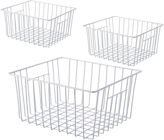 Freezer Wire Baskets, Kitchen Storage Organizer Bins for Chest and Upright Freezer, Refrigerator Dividers Containers with Handles - Pearl White (3)