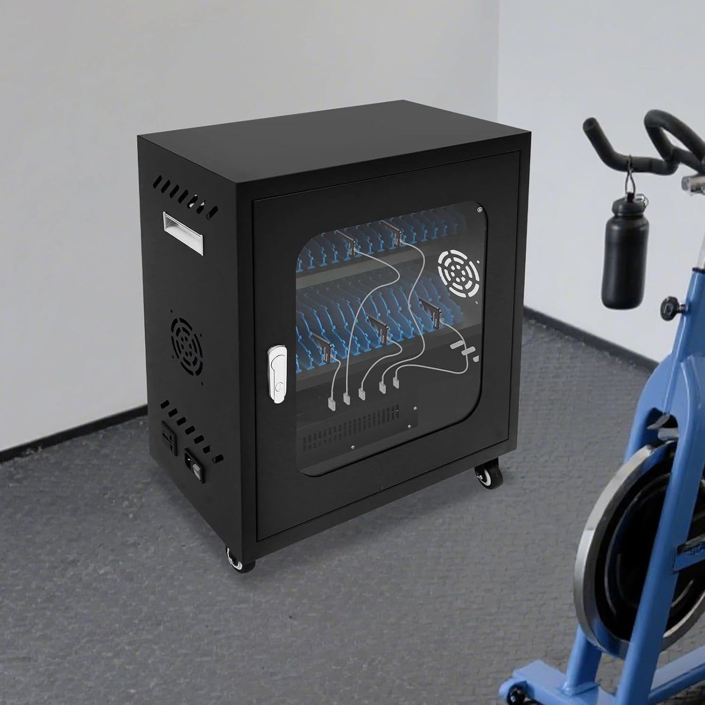 Mobile Phone Charging Cabinet 40-Port Charge Station with 4 Universal Wheels (2 Brakes) & Visible Door 40 Device Charging Cart Mobile Charge Station for Cell Phones Less Than 8'' In Size(Black)