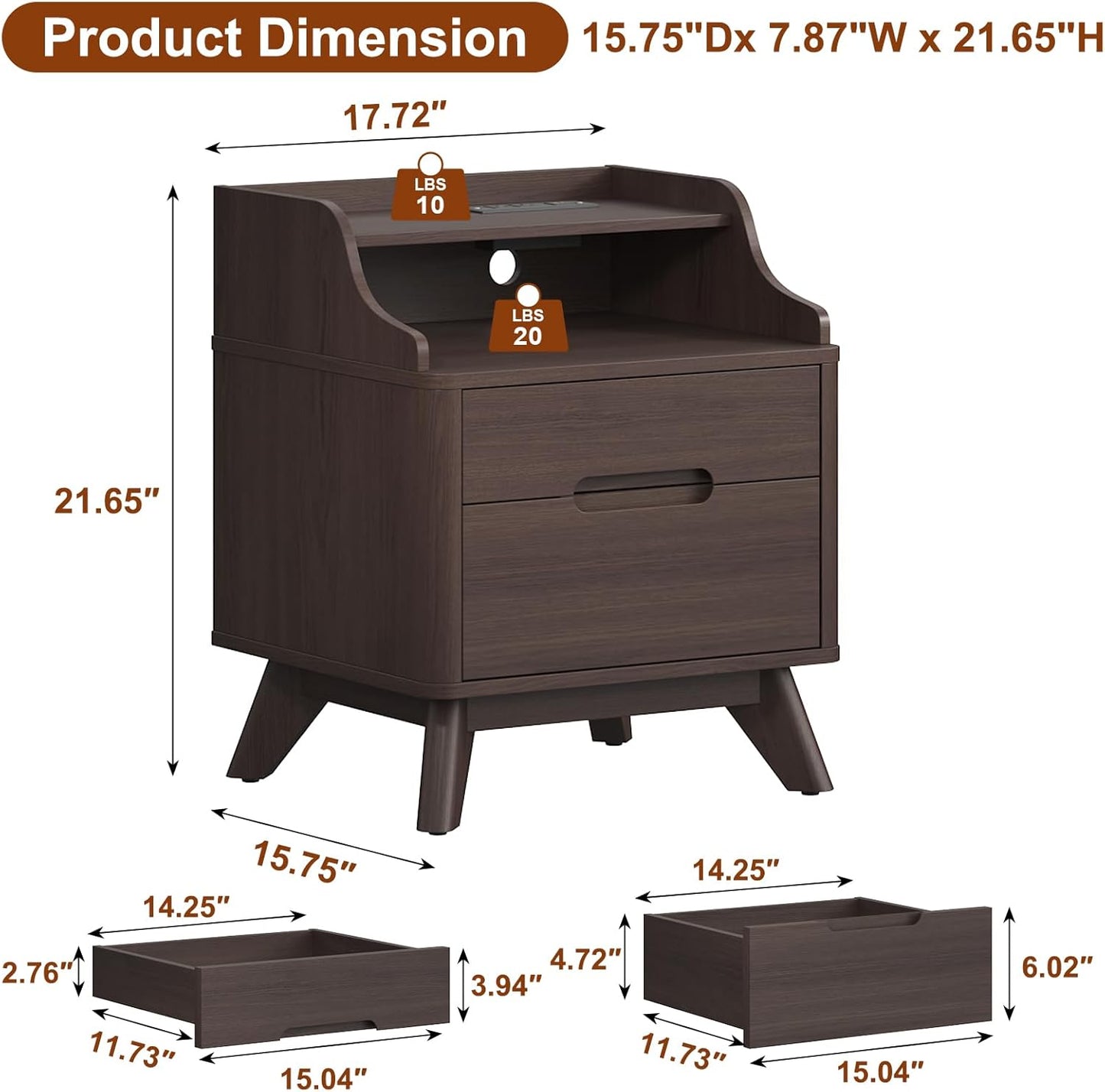 Nightstand with Charging Station, 21" Tall Nightstand w/2 Storage Drawers, Wood Night Stand with Hidden Handle, 17'' Wide Modern Bedside Table for Bedroom, Brown