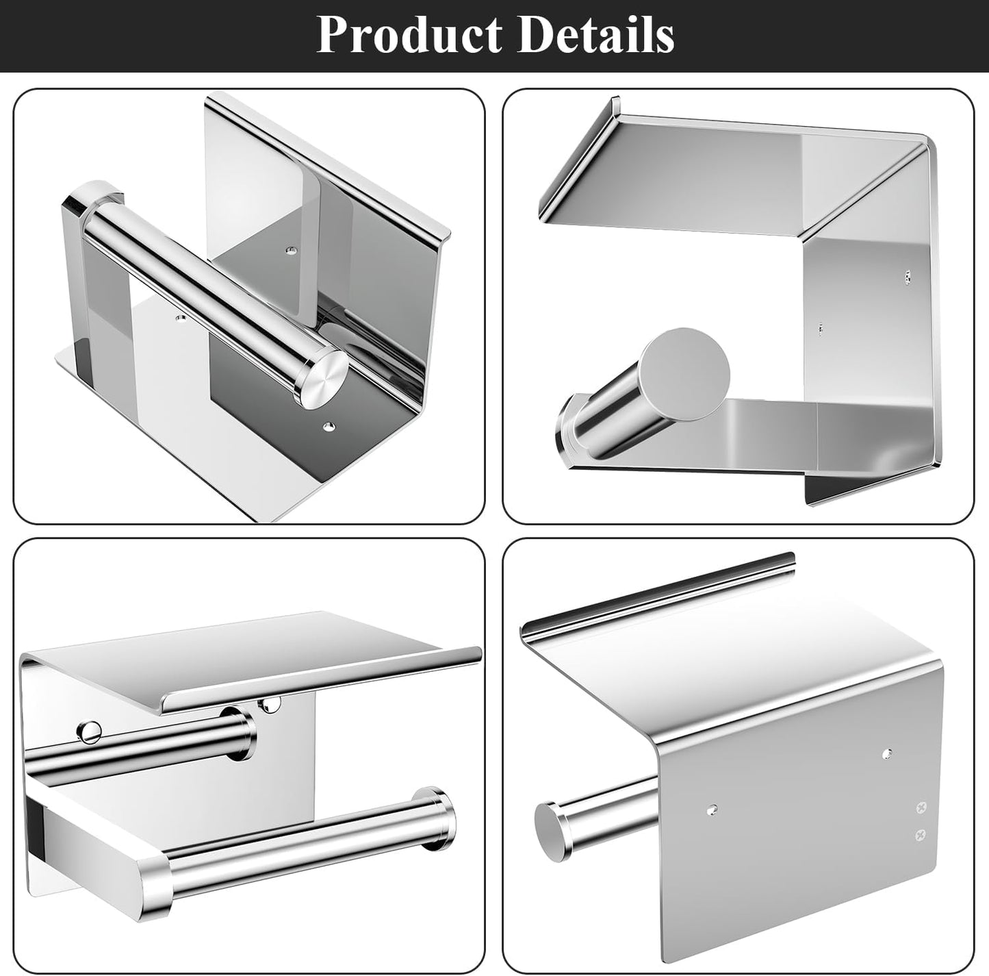 Tindbea Toilet Paper Holder with Phone Shelf, Adhesive or Screw Wall Mount Toilet Tissue Roll Holder, Rustproof & Multifunctional Stainless Steel Bathroom Storage Dispenser (Polished Chrome)