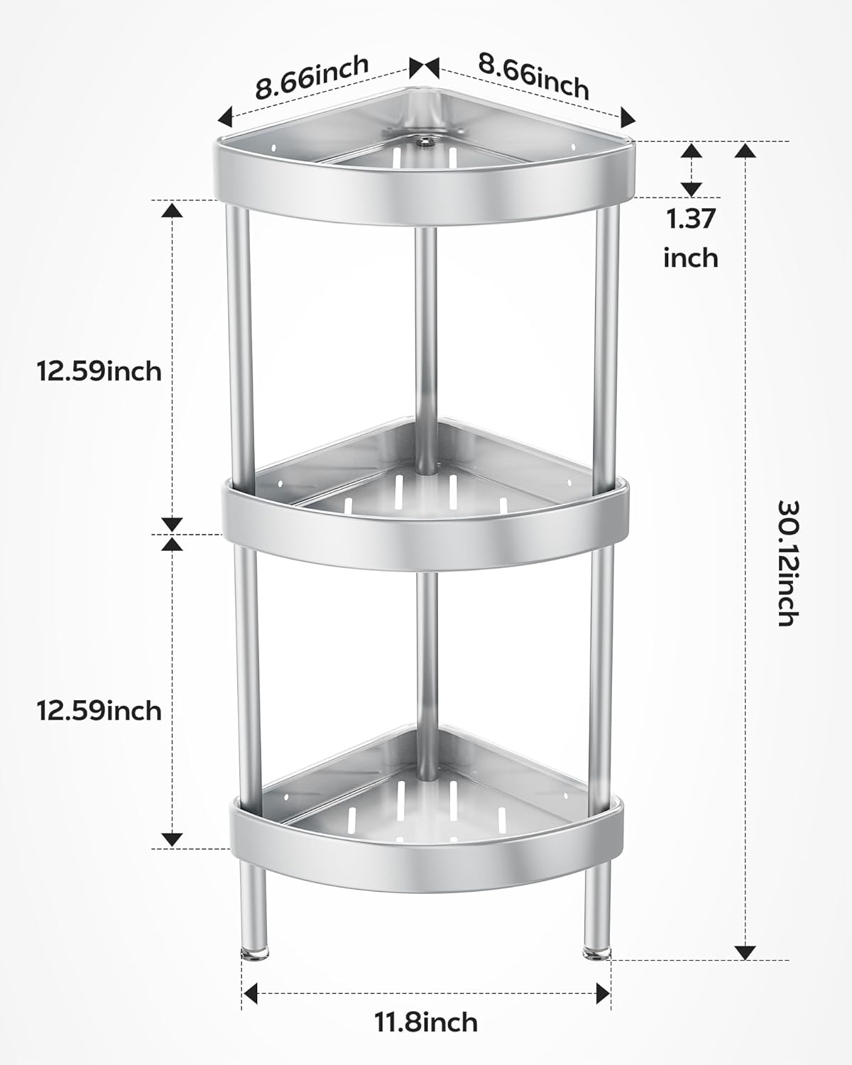 Nieifi Corner Shower Caddy Stand-3 Tier Rustproof Anodized Aluminum Standing Shower Organizer-Shower Caddy Corner-Dual Stability to Anti-Shaking-Height-Adjustable Legs for Uneven Surfaces-Silver