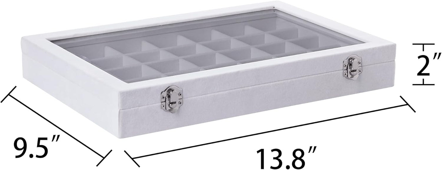 Frebeauty Velvet Jewelry Tray,35 Grid Jewelry Organizer with Clear Lid,Earring Holder Organizer Case with Clasp,Drawer Insert for Rings Studs,13.8 x 9.5 x 2 Inches,Gift for Women Girls(White)
