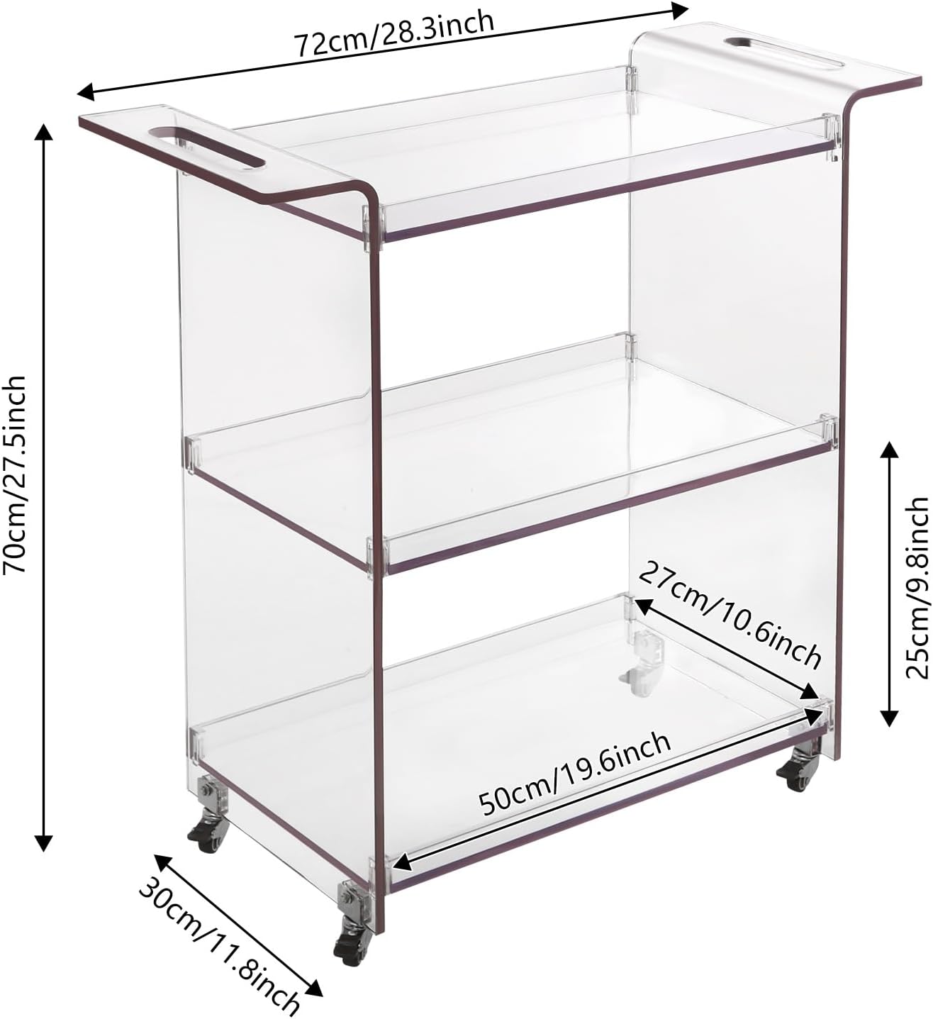 3-Tier Rolling Utility Cart with Wheels, 28×11.8×28.7In PC Rolling Serving Cart, Freestanding Trolley for Homes, Bars, Cafes