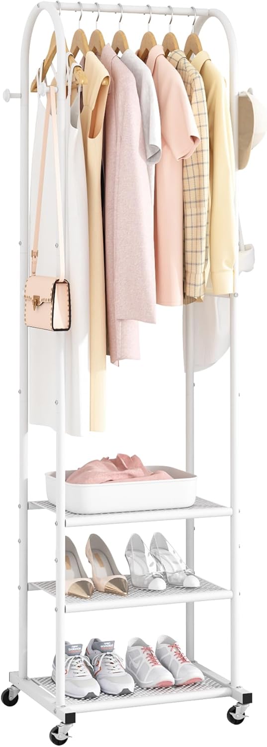 Heavy Duty Clothing Rack with Wheels,Modern Garment Rack with 3 Metal Shelves, 71.8Inches Display Rack for Hanging Clothes, Hanging Rod for Small Spaces,White