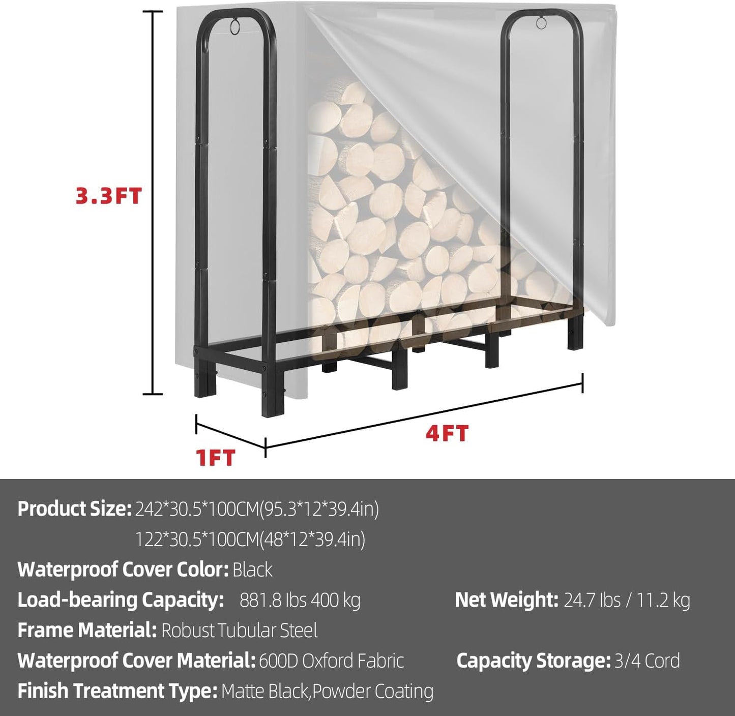 4FT Firewood Rack Outdoor with Cover, Heavy Duty Adjustable Firewood log Storage & Holder, Wood Pile Lumber Storage Rack Stacking Outside for Courtyard Patio.