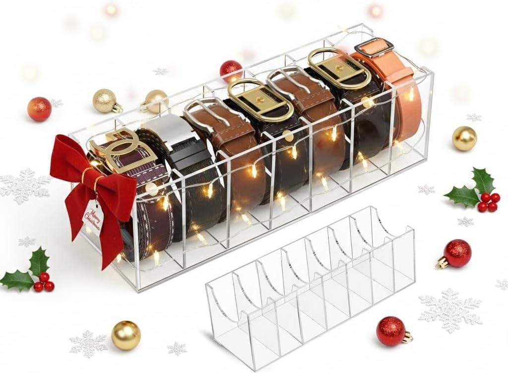 Acrylic Belt Organizer for Closet - 7 Compartments Transparent Storage Holder | Display Case for Makeup, Jewelry, Watches, Bow Tie, & Bracelets | Multipurpose Clear Containers & Versatile Design