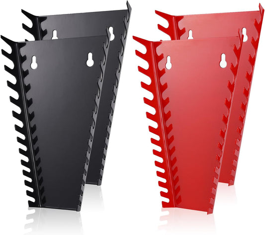 ALOANES 52-Slot Metal Wrench Organizer, Heavy Duty Hanging Wrench Organizer Tray for Tool Box&Wall, Fit SAE & Metric Wrench Storage, 4 Pack Wrench Holders (Red&Black)