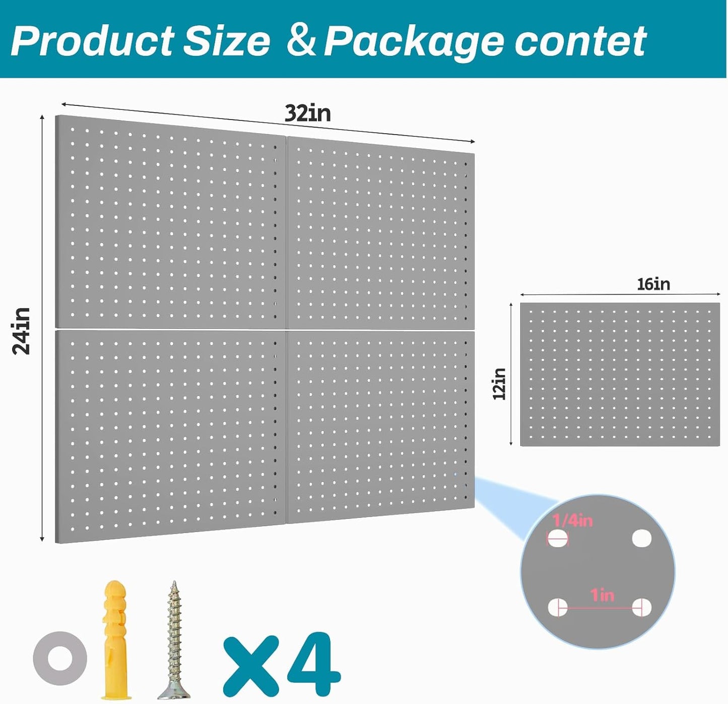 Peg Board,4 Pack Metal Pegboard Panels,PegBoard Wall Organizer,16"x12" Steel PegBoard for Walls,Tools,Garage,Office,Kitchen
