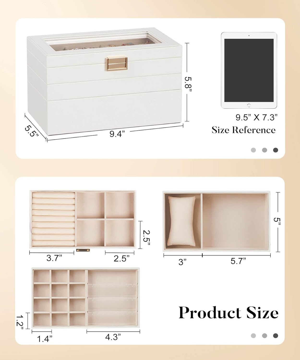Homde Jewelry Tray Stackable Jewelry Box with Glass Lid, Removable Dividers for Vanity Table - Christmas Gift Idea for Girls and Women (White)
