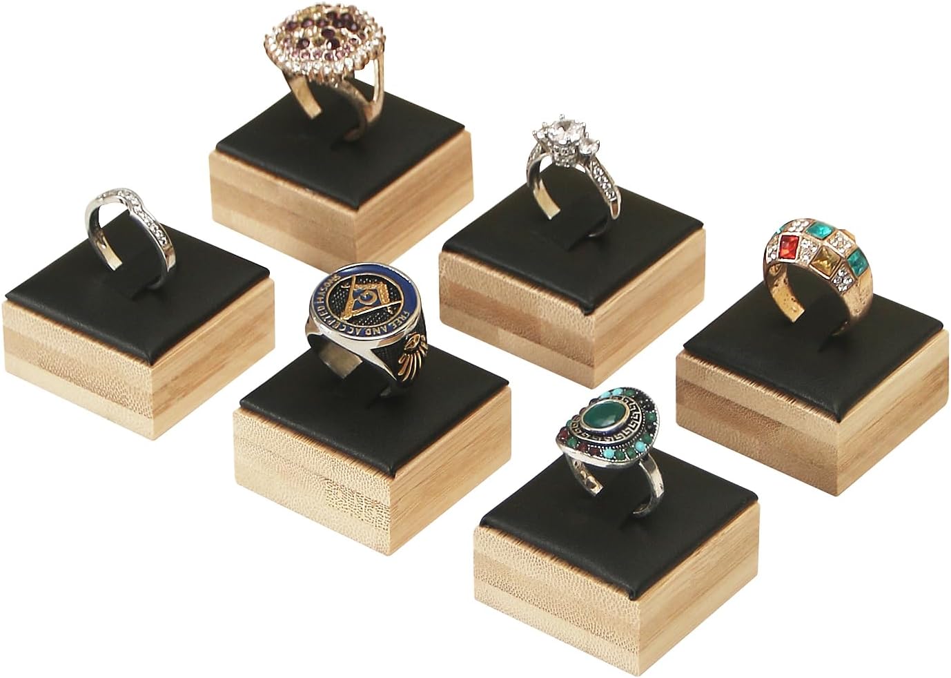 Coward Bamboo 6 Pcs Rings Display Stand for Shop Selling, Ring Jewelry Holder Organizer Drawer Storage (Black PU)