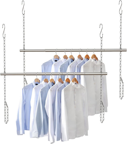 Hanging Closet Rod, Adjustable Width and Height Closet Rods Extender, 17-52inch Heavy-Duty Stainless Steel Bar, Space-Saving Closet Rod Hanging Clothes, 2Pack(Silver)