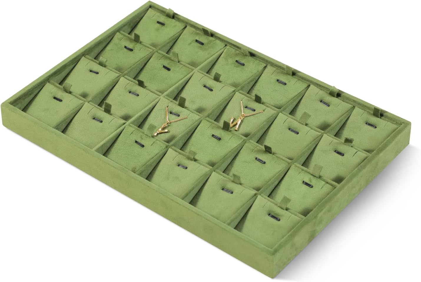 Velvet Necklace Display Tray, Stackable 24 Grid Insert Pendant Necklaces Storage Holder Plate, Jewelry Retail Countertop Organizer (Olive Green)