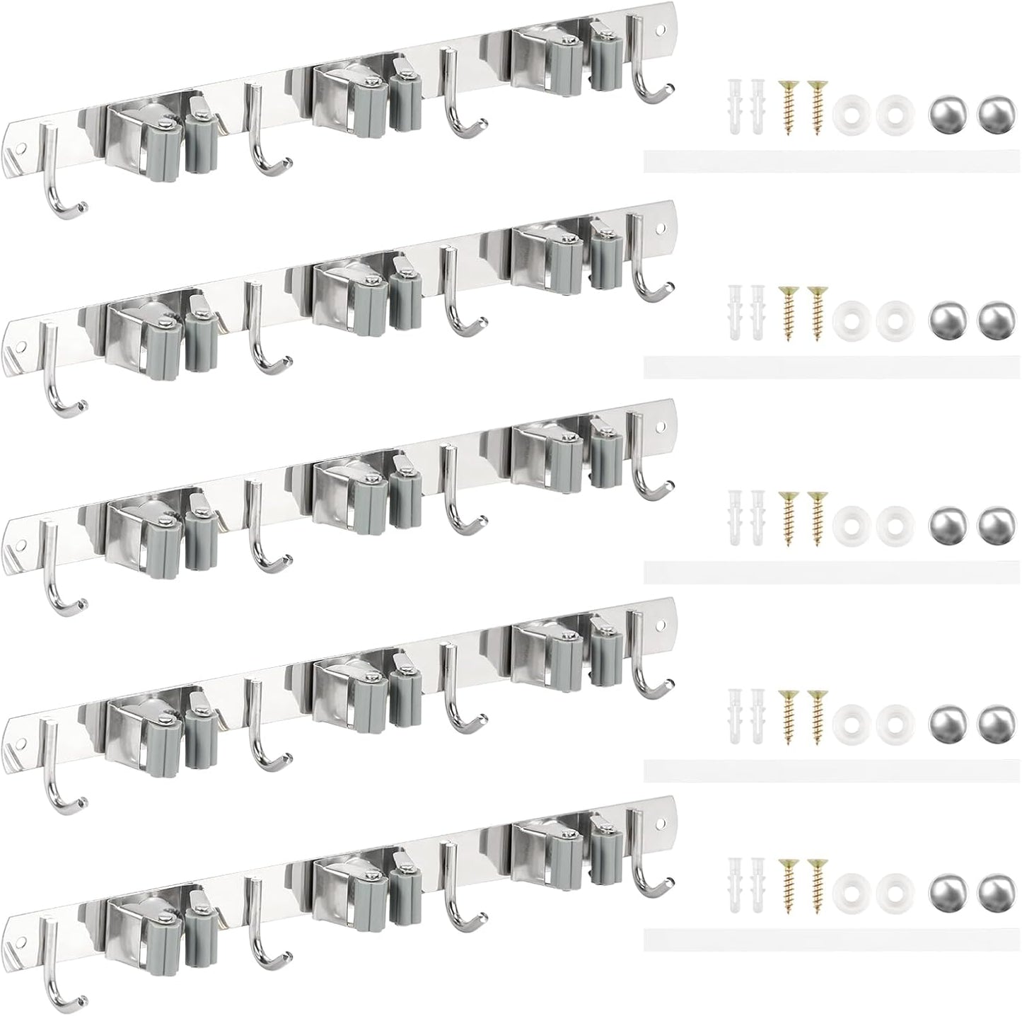 5 Pack Broom Holder Wall Mount 3 Racks 4 Hooks Stainless Steel Broom Mop Holder Anti Slip Storage Rack Strong Load Bearing Waterproof Broom and Mop Organizer Wall Hanging for Bathroom Kitchen Garage