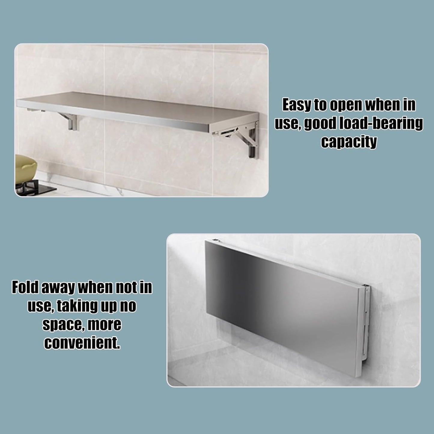 304 stainless steel folding table, wall-mounted folding table, kitchen storage shelf, made of food-grade stainless steel material, suitable for living room, balcony, bathroom, or laundry room.(40*30cm