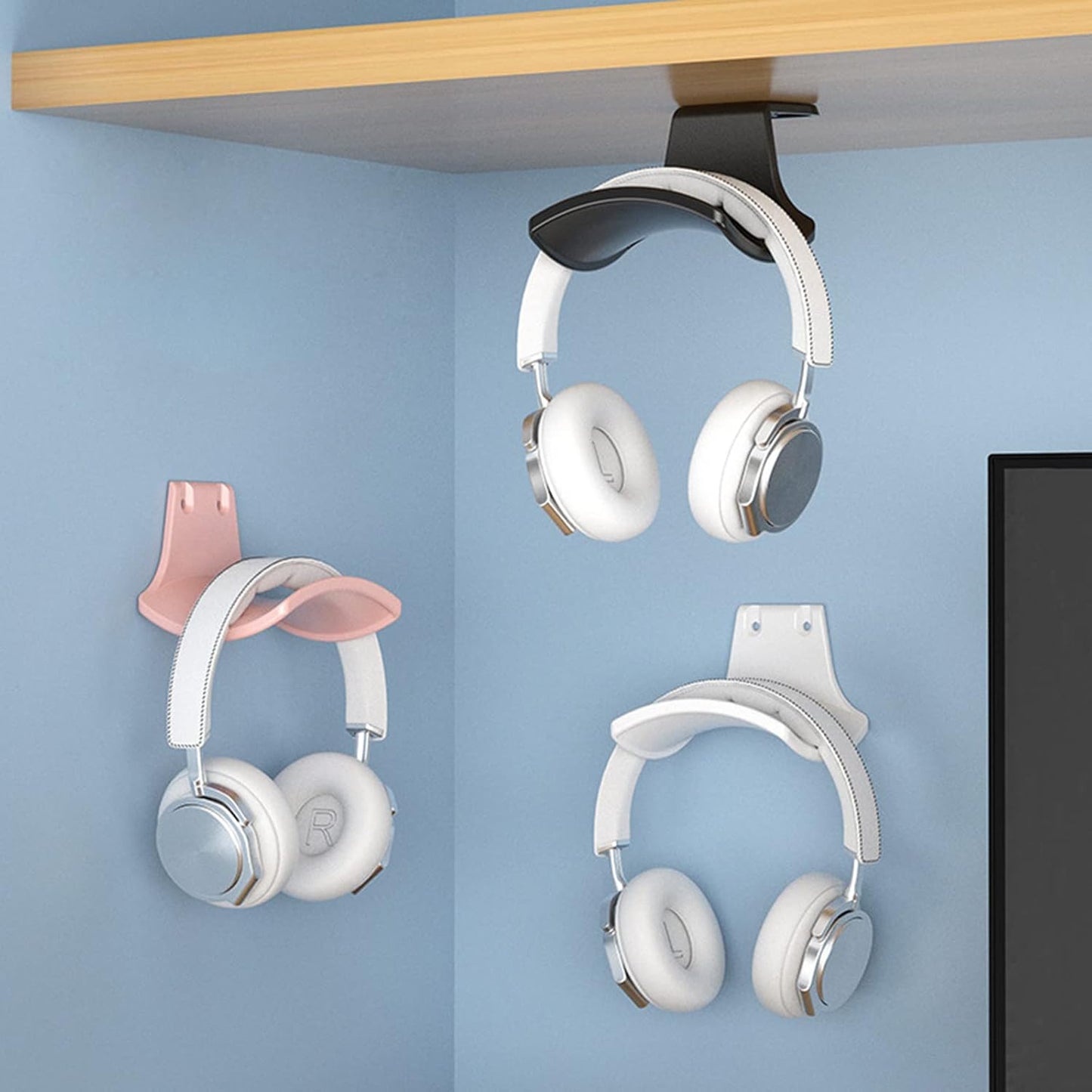 2-Pack Headphone Stand Hanger Wall Hooks, Save Space Headset Stand Holder for Universal Gaming Headset Airpods Max Sony Bose Beats, Strong Adhesive with Screws, White