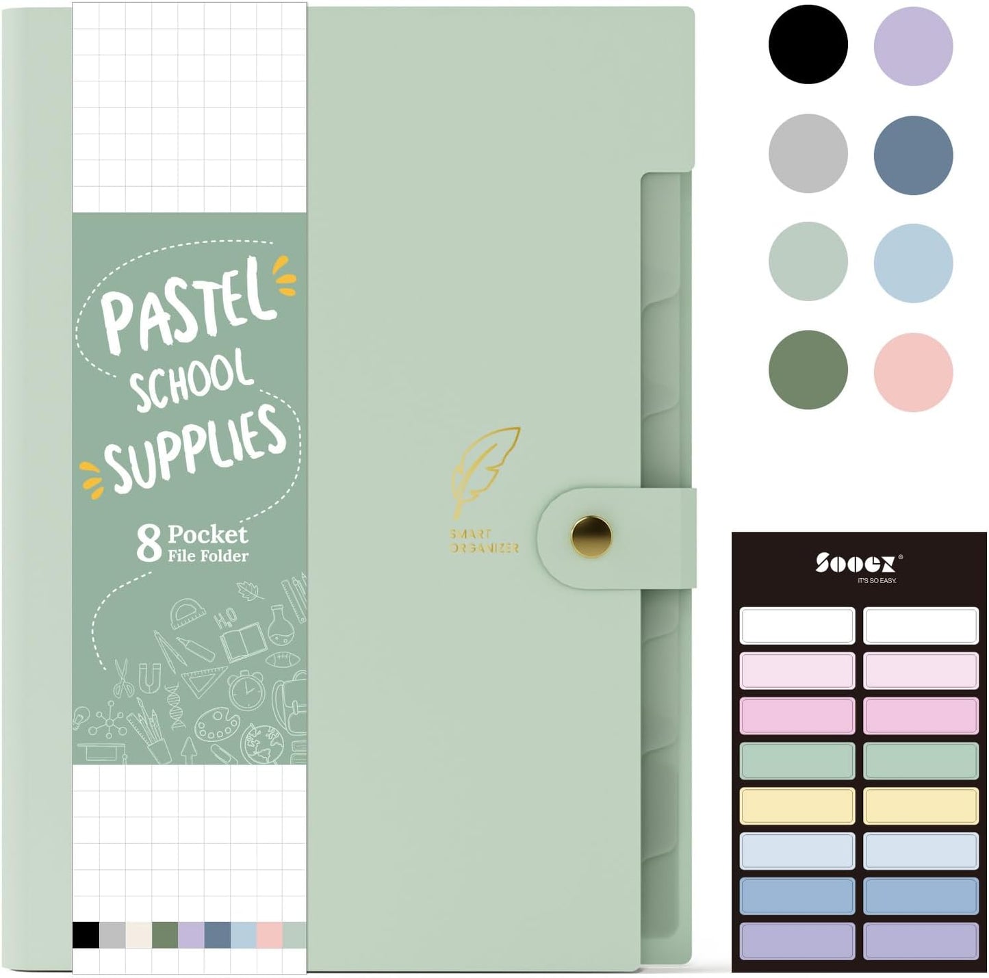 Sooez Aesthetic 8 Pocket Accordion File Organizer, Pastels Expanding File Folder for Important Document with Labels, Portable Receipt Bill Organizer for Office School Supplies, Letter Size Light Green