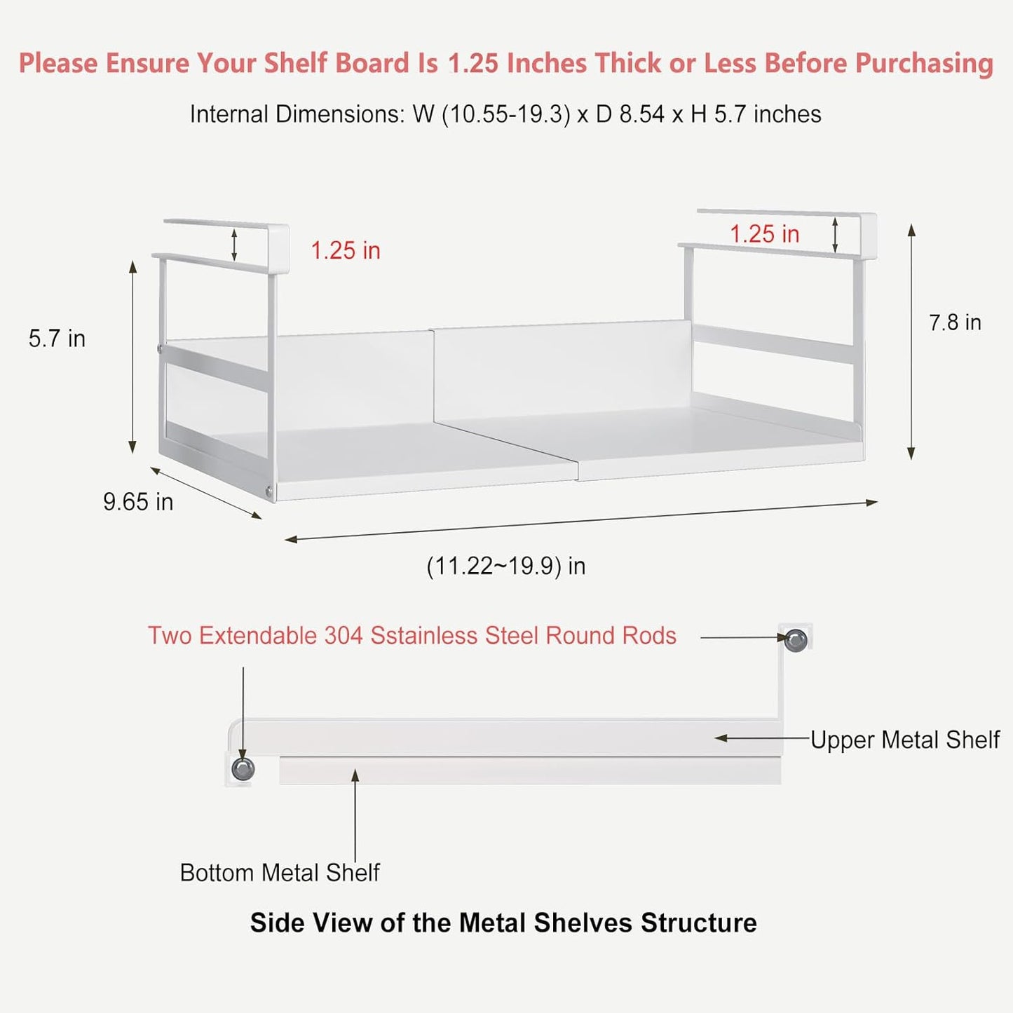 Expandable Under Cabinet Shelf Organizer with 1.25 Inches Thick Clips, Heavy Duty Extendable Under Shelf Storage Basket for Pantry or Laundry Room, White, 1 Pack, Interior: 5.7" H x 8.54" D