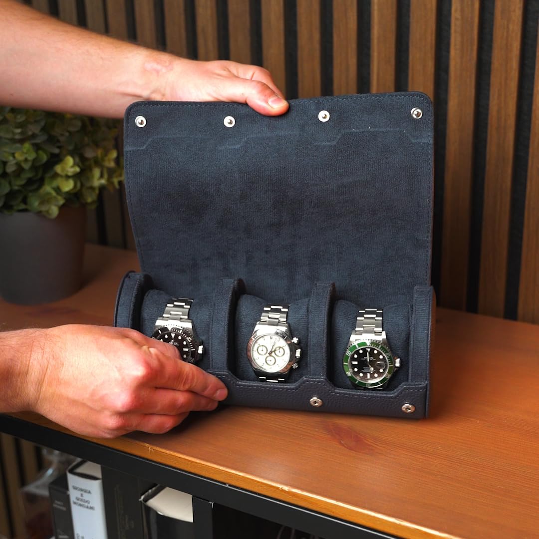 DailyWatch | Personalized Watch Roll Travel Case For 3 Watches - Handmade Genuine Leather Travel Case With Custom Engraving of Name or Initials - Navy Blue Litchi