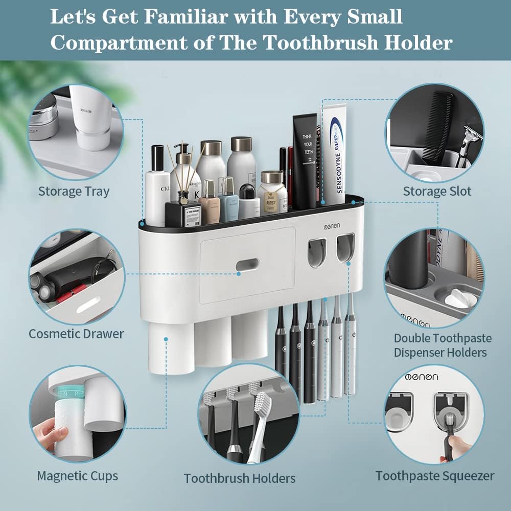 Toothbrush Holders Wall Mounted, Toothbrush Holder with Automatic Toothpaste Dispensers, 6 Brush Slots, 3 Magnetic Cups,1 Cosmetic Drawer Organizer and 1 Large Storage Tray