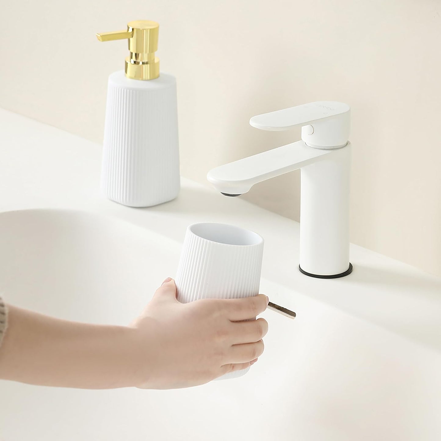 Bathroom Accessories 2 Piece Soap Dispenser and Toothbrush Holder Set Striped White and Gold