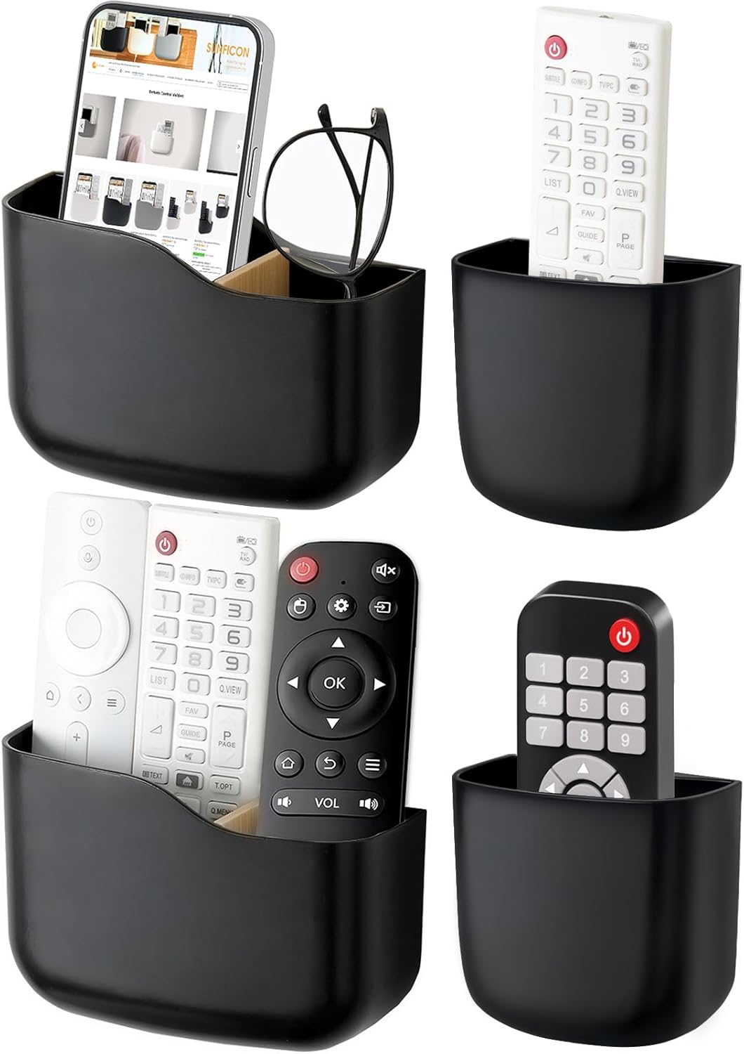 Remote Holder Wall Mount TV FAN Remote Control Holder Bedside Caddy Wall Organizer Phone Holder for Office Adhesive Media Player Controller Holder Box Tray Home Desk Nightstand Black 2 Big 2 Small