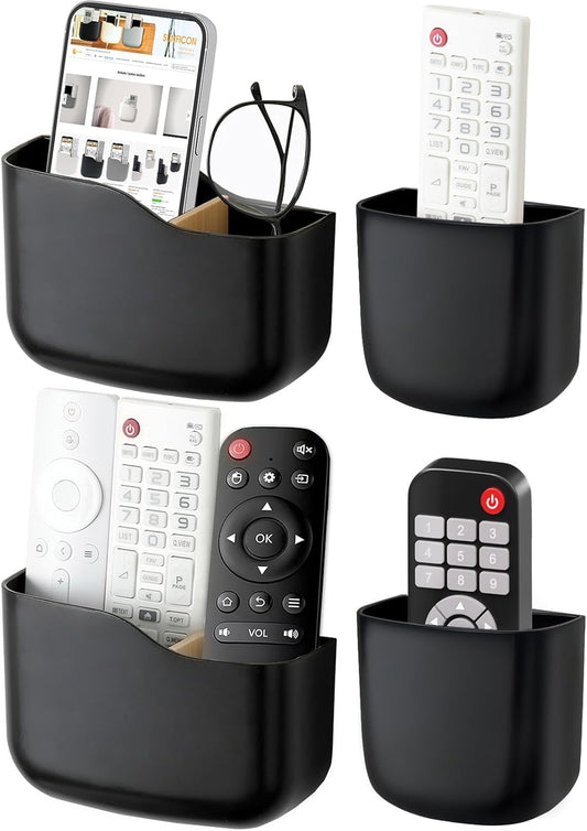 Remote Holder Wall Mount TV FAN Remote Control Holder Bedside Caddy Wall Organizer Phone Holder for Office Adhesive Media Player Controller Holder Box Tray Home Desk Nightstand Black 2 Big 2 Small
