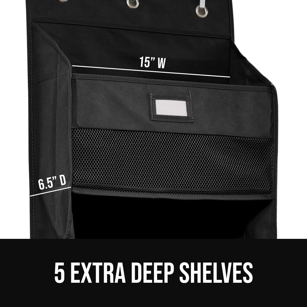 GORILLA GRIP Large Capacity Closet Organizer, 5 Deep Shelves, Holds 50lbs, Over the Door Organizers 6 Mesh Pockets, Shelf Storage for Clothes Crafts Dorm Essentials, 3 Metal Hooks, 58x15 Inches, Black
