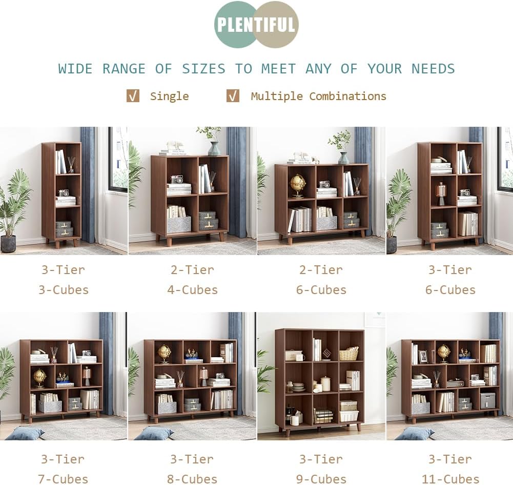 IOTXY Open Cube Low Bookcase - 3-Tier Freestanding Storage Display Cabinet Organizer with Legs for Home Office, 9-Cubes Open Shelf Short Bookshelf, Walnut