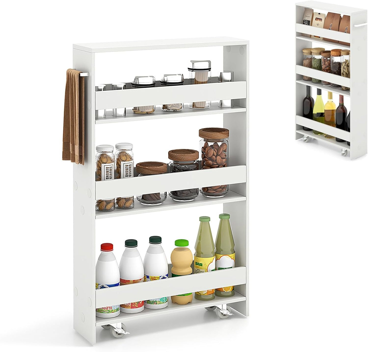 Slim Storage Cart, 4 Tier Narrow Storage Cabinet Between Washer and Dryer, 4 Universal Wheels w/Convenient Handle, Modern Skinny Bathroom Cart for Kitchen, Bathroom, Laundry Room (White)