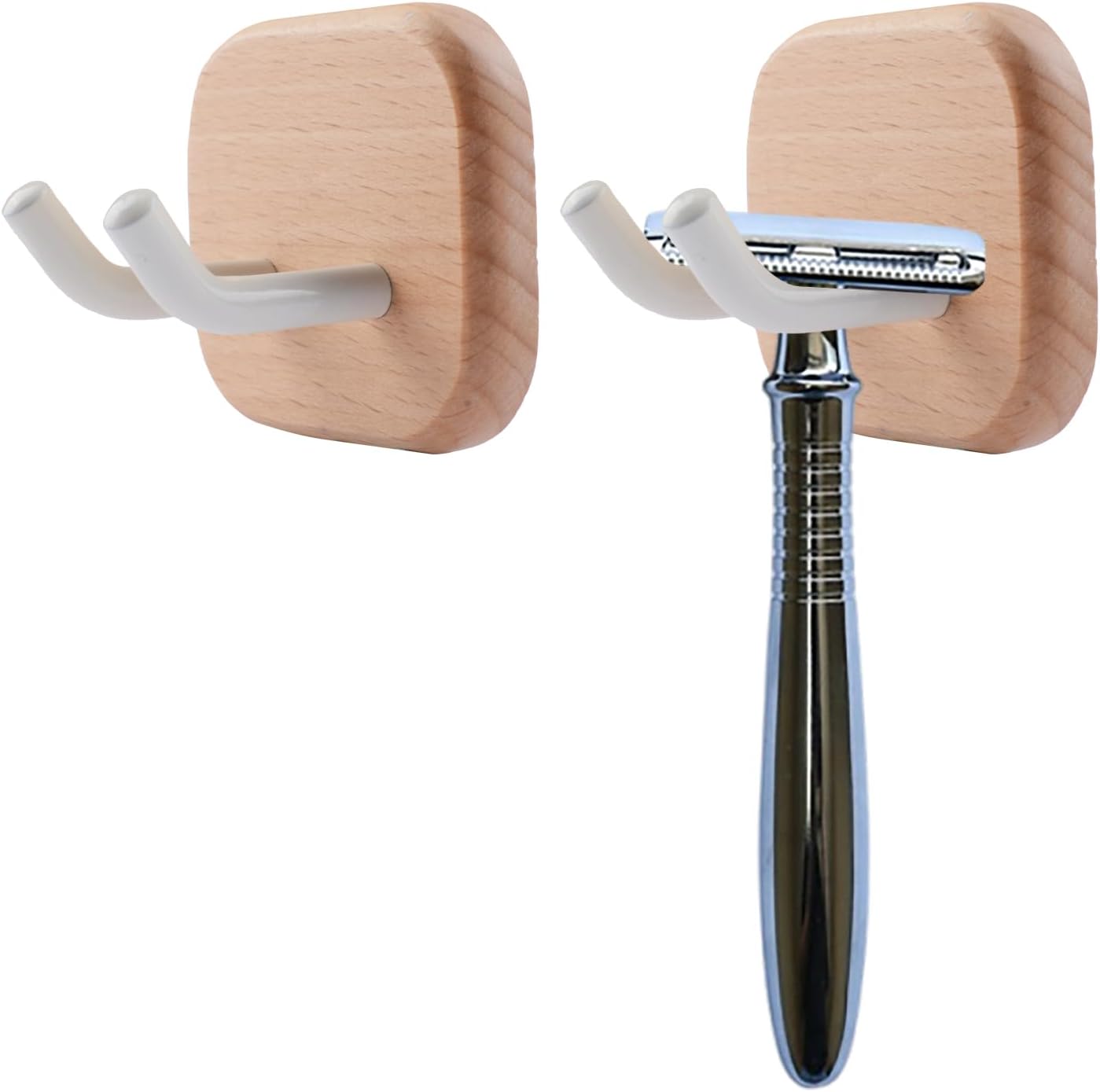 2PCS Solid Shaving Razor Wall Mount Holder, Self-Adhesive Razor Hooks Shelf Organizer for Bathroom Kithchen, No-Drill Storage Hooks for Razors, Towels, Keys