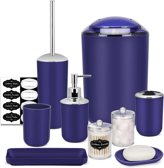 IMAVO Bathroom Accessories Set,Navy Blue Bathroom Set,9 Pieces Bathroom Accessory Set,Tray,Qtip Holders,Toilet Brush,Trash Can for Bathroom Décor and Home Gifts